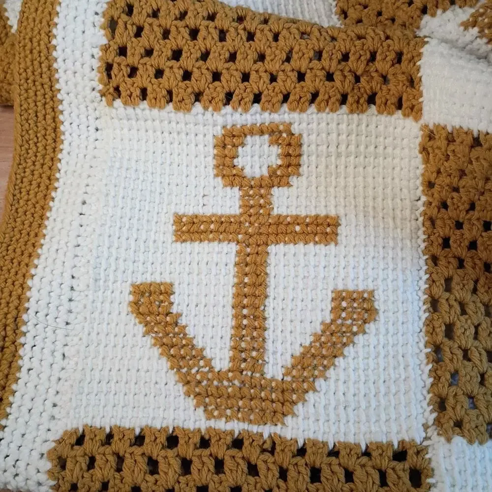 Handmade Crochet Afghan Blanket 64x49 Religious Christian Catholic Gold White